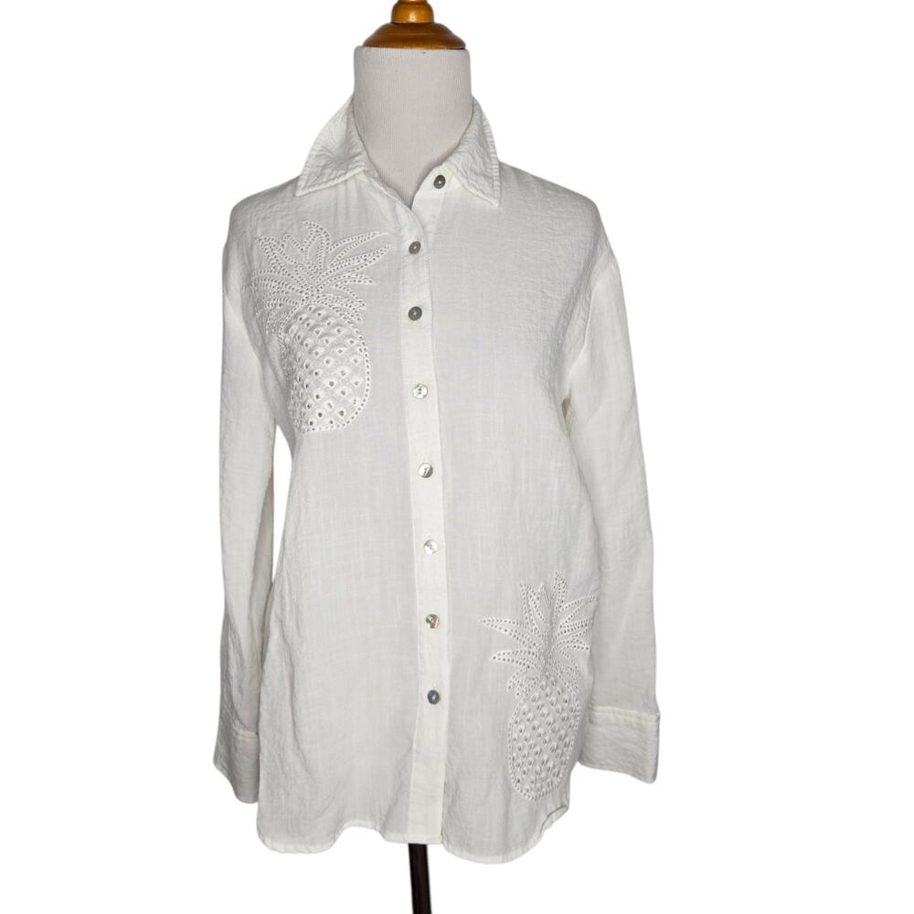 Calypso St. Barth White Embroidered Pineapple Shirt Button Front Womens XS